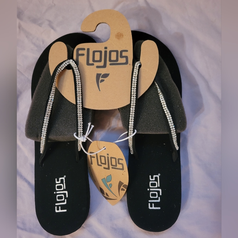 Flojos Black Sandals with Rhinestone Straps (Size 8)